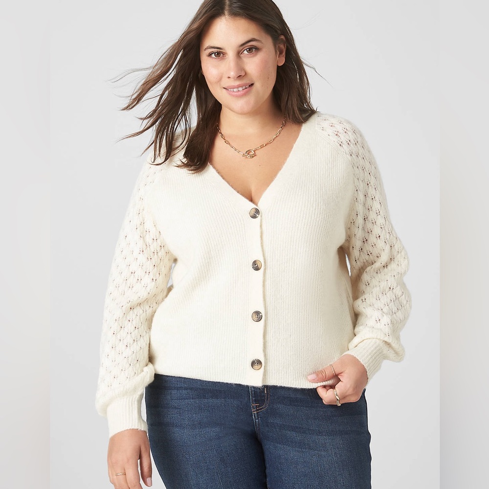 Lane Bryant 22/24 Classic Long-Sleeve Button-Front Pointelle-Sleeve Cardigan